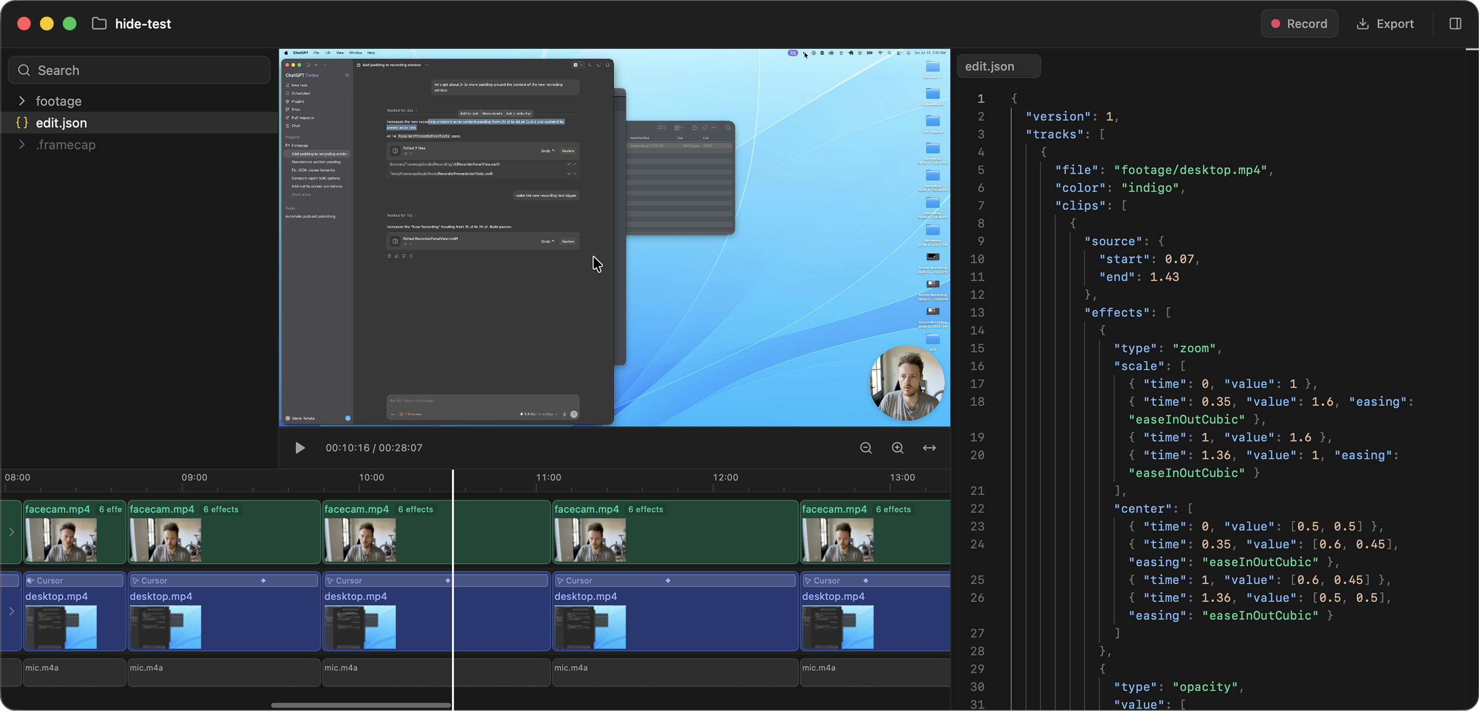 Framecap Studio showing a screencast preview, multi-track timeline, and edit.json side by side